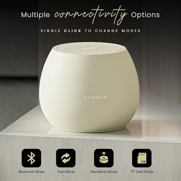 HAMMER Drop 5W Bluetooth Wireless Speaker with Twin Pairing, 1200 mAh Battery, 100H Standby Time, TWS Function, TF Card, USB Slot, Auto-Pairing, in-Built Mic, Type-C Charging, 52mm Driver (Beige) - Image 5