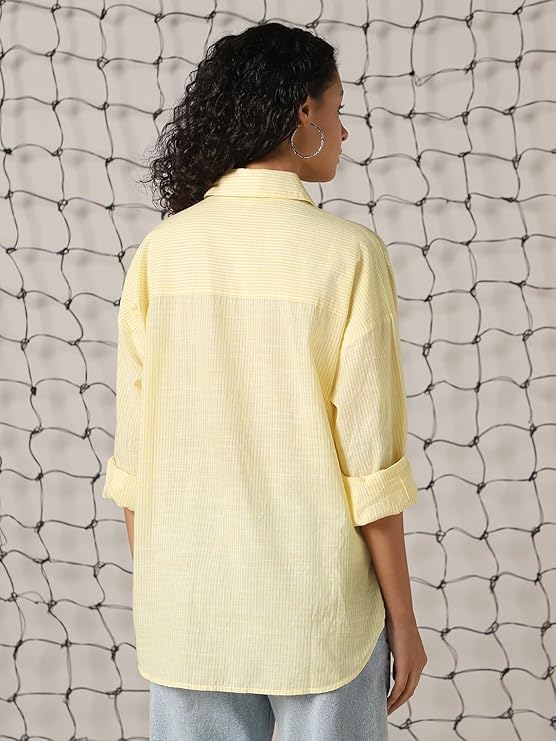 Hubberholme Women Striped Longline Length Oversized Spread Collar Spread Collar Long Sleeve Shirt - Image 5