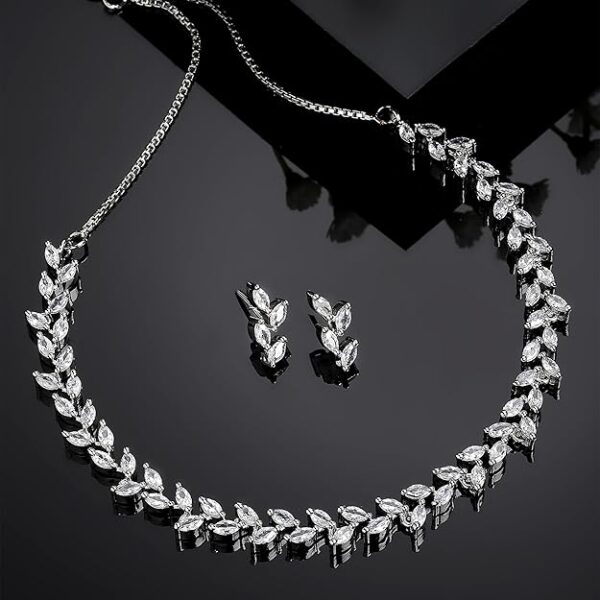 ZENEME Rose Gold-Plated Leaf Design Rose Black and White American Diamond Studded Jewellery Set - Image 2