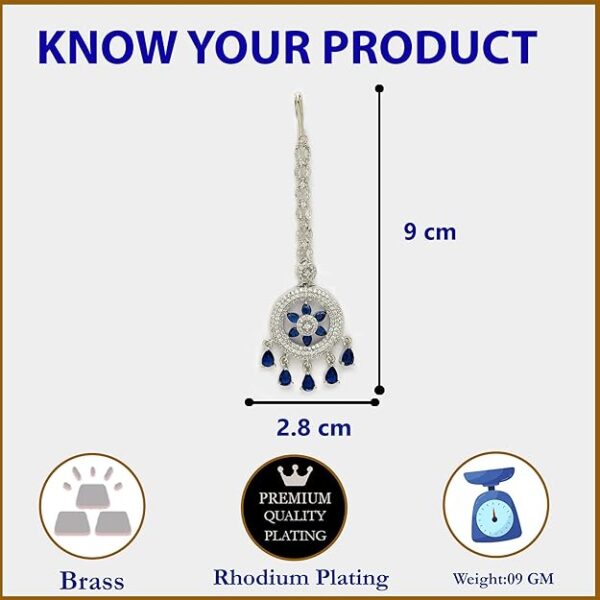 Zeneme Elegant Silver Plated Beautiful American Diamond & CZ Studded Crystal Maang Tikka for Women and Girls - Image 5
