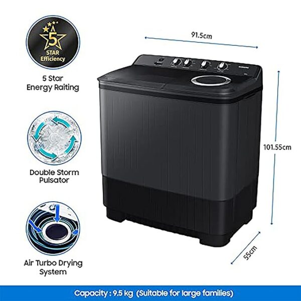 Samsung 9.5 Kg, 5 Star, Semi-Automatic Washing Machine (WT95A4260GD/TL, Air Turbo Drying, Dark Gray, Awarded as Washing Machine Brand of the year) - Image 3