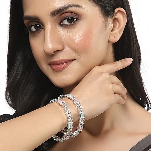 Ratnavali Jewels Silver Plated American Diamond CZ Traditional White Heavy Kada Bangles for Women - Image 2