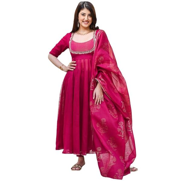 GoSriKi Women's Rayon Blend Anarkali Embroidered Kurta with Pant & Dupatta