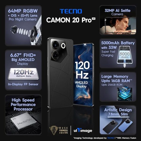 TECNO Camon 20s Pro 5G (Dark Welkin, 8GB RAM,256GB Storage)| MediaTek Dimensity 8020 Processor | 64MP RGBW(G+P) OIS Rear Camera|6.67 FHD+ Big AMOLED Screen - Image 2