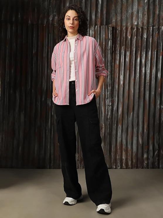 High Star Women Cotton Strip Oversized Fit Collar Full Sleeves Casual Shirts - Image 3