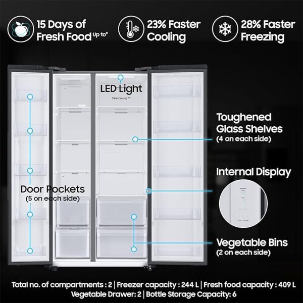 Samsung 653 L, 3 Star, Frost Free, Double Door, Convertible 5-in-1 Digital Inverter, Side By Side AI Enabled Smart Refrigerator with WiFi (RS76CG8003B1HL, Black Matt) - Image 3