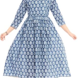 MANJU Women's Pure Cotton Calf Length Embellished Anarkali Kurta | Blue (Large)