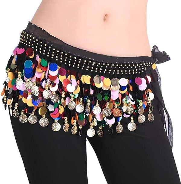 FASHIONSLIQUE® Premium Belly Dance Belt/Hip Scarf with Multicolor Coins and Sequins, Women's Chiffon Hip Scarf Waistband Belt Perfect for dance Festival Performances !