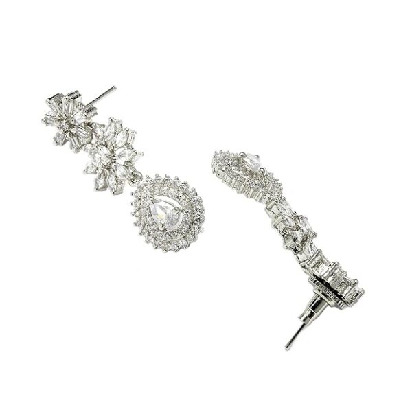 ZENEME Rhodium-Plated with Silver-Toned Floral Design White American Diamond Studded Jewellery Set - Image 5