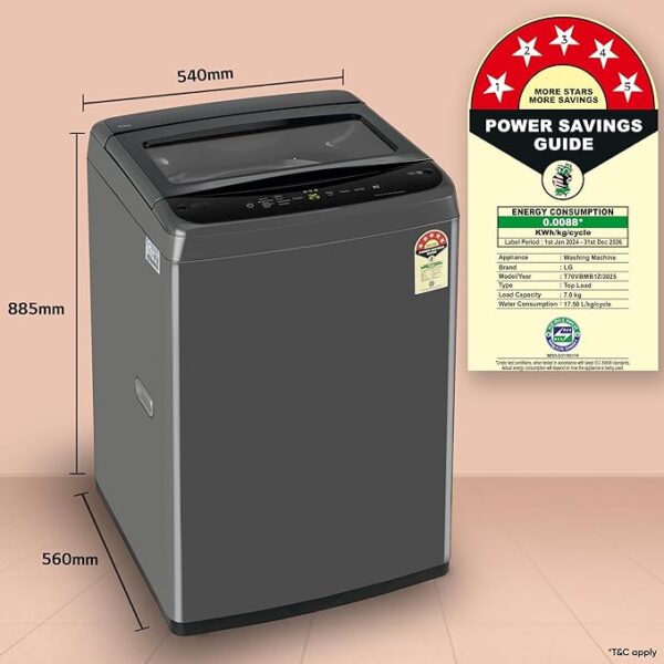 LG 7 Kg 5 Star Smart Inverter Technology Fully Automatic Top Load Washing Machine (T70VBMB1Z, Auto Prewash, Turbodrum, Stainless Steel drum, LED Display, Smart Diagnosis Middle Black) - Image 5