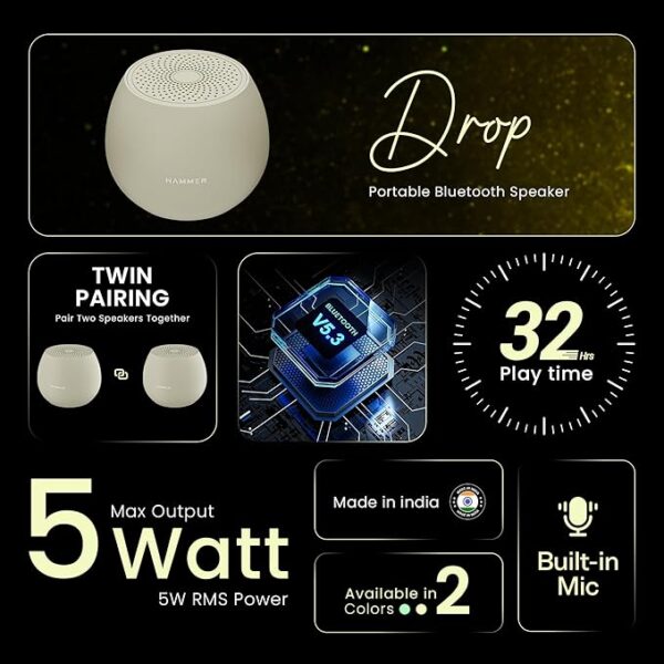 HAMMER Drop 5W Bluetooth Wireless Speaker with Twin Pairing, 1200 mAh Battery, 100H Standby Time, TWS Function, TF Card, USB Slot, Auto-Pairing, in-Built Mic, Type-C Charging, 52mm Driver (Beige) - Image 2