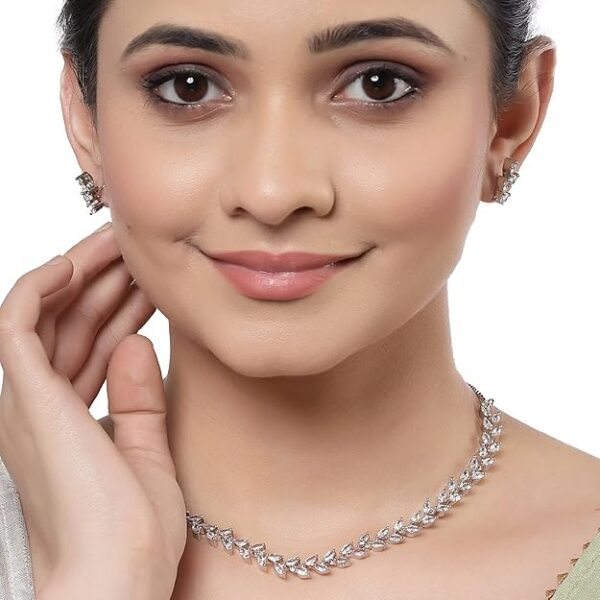 ZENEME Rose Gold-Plated Leaf Design Rose Black and White American Diamond Studded Jewellery Set - Image 4