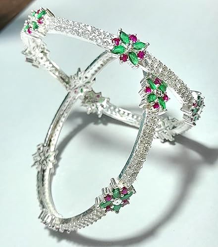 Real Silver AD Diamond Pink and green stone Kada Bangles 2 Pc Bangle set for Women - Image 5