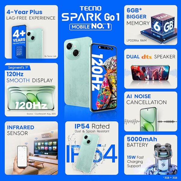 Tecno Spark GO 1 (Lime Green, 3GB+64GB)| 4+ Years Lag Free Fluency | 6.67" 120Hz Smooth Display | 6GB* Bigger RAM | in-Built Infrared Remote | Dual Speakers with DTS | AI Call Noise Reduction - Image 2