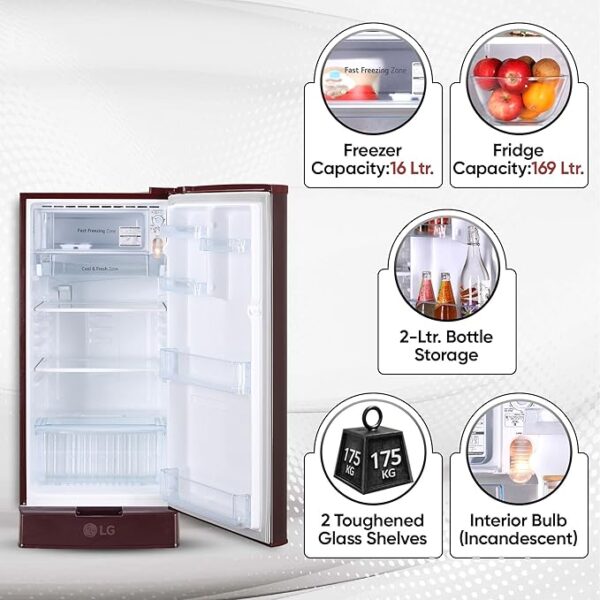 LG 185 L 4 Star Inverter Direct-Cool Single Door Refrigerator (GL-D199OSEY, Scarlet Euphoria, Base stand with drawer) - Image 3