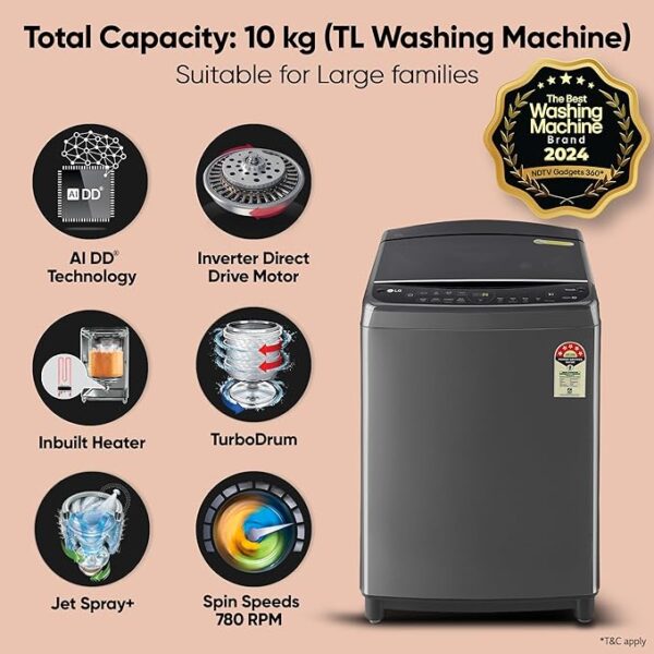 LG 10.0 Kg 5 Star AI Direct Drive Technology, ThinQ (Wi-Fi), Steam Wash for Allergy Removal Fully Automatic Top Loading Washing Machine (THD10SWM, Middle Black, More Fabric Care & Convenience) - Image 2