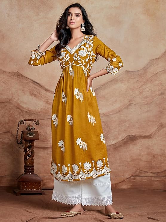 EthnicJunction Women'S Silk Blend Chikankari Embroidered Naira Cut Kurta - Image 4