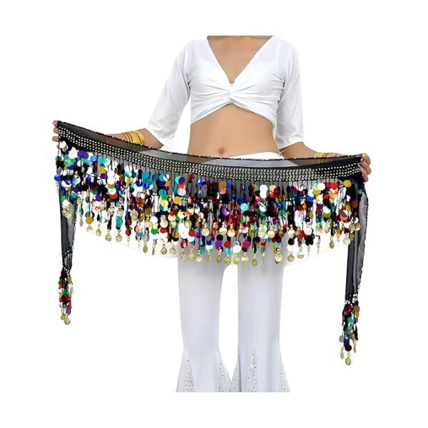 FASHIONSLIQUE® Premium Belly Dance Belt/Hip Scarf with Multicolor Coins and Sequins, Women's Chiffon Hip Scarf Waistband Belt Perfect for dance Festival Performances ! - Image 2