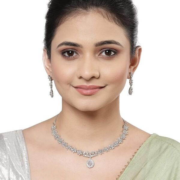 ZENEME Rhodium-Plated with Silver-Toned Floral Design White American Diamond Studded Jewellery Set - Image 3