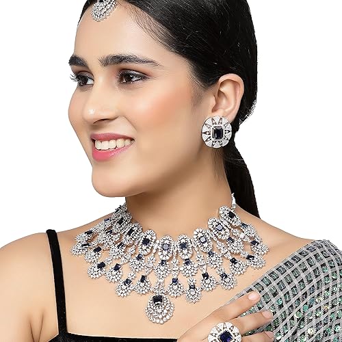 ZENEME Rhodium-Plated American Diamond Studded Tasselled Necklace With Earrings Ring & MaangTikka Jewellery Set For Girls and Women - Image 4