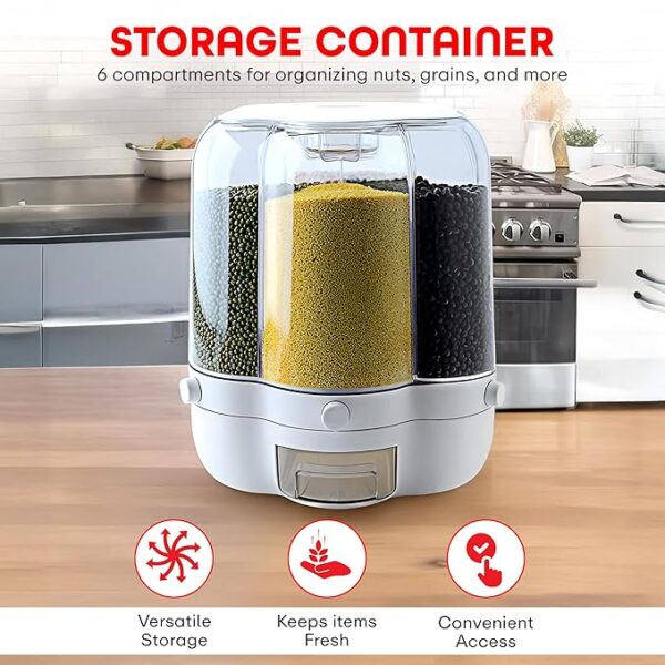 PRIME PICK Grocery Organiser 360° Rotating with 6 Grid Dispenser Measuring Cylinder with Lid Moisture Resistant, Cereal Holder Dispenser Sealed Storage for Kitchen Small Grains Beans Rice etc - Image 4