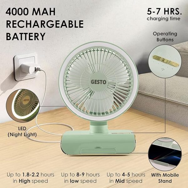 Gesto 8-Inch Rechargeable Table Fan With Remote & Oscillation – 4000mAh Battery, Mobile Stand,LED Light | 5-Speed USB Charging Portable Fan for Desk,Home, Office, Kitchen | High-Speed Cooling -Green - Image 5