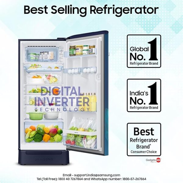 Samsung 215 L, 5 Star, Digital Inverter, Direct-Cool Single Door Refrigerator (RR23D2H359U/HL, Paradise Bloom Blue, Base Stand Drawer) - Image 4