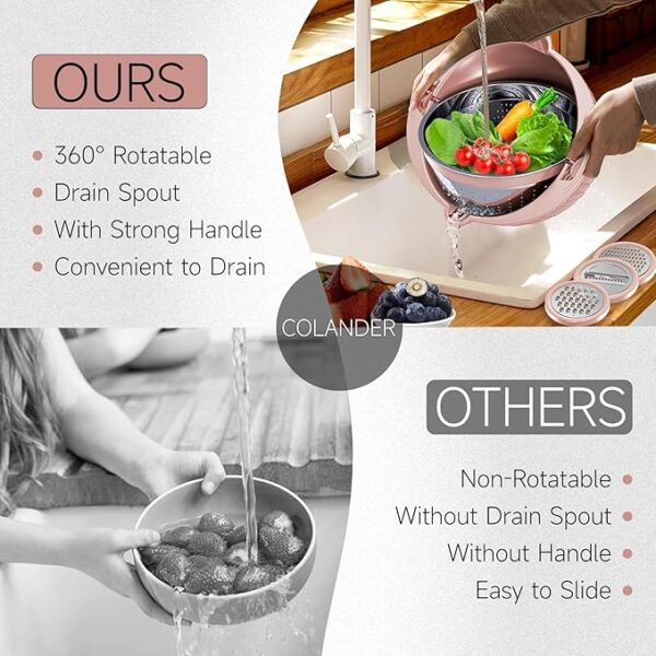 4-1 Colander with Bowl Set - Food Strainer with Graters & Spoons - Colanders for kitchen - Strainers and Colanders - Strainer Bowl Fruit Cleaner with Colander Pasta Rice Strainer for Veggie Wash Pink - Image 4
