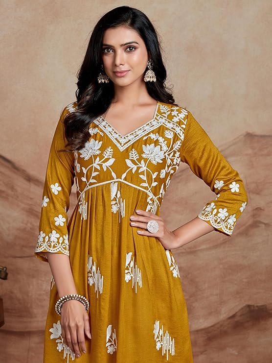 EthnicJunction Women'S Silk Blend Chikankari Embroidered Naira Cut Kurta - Image 3