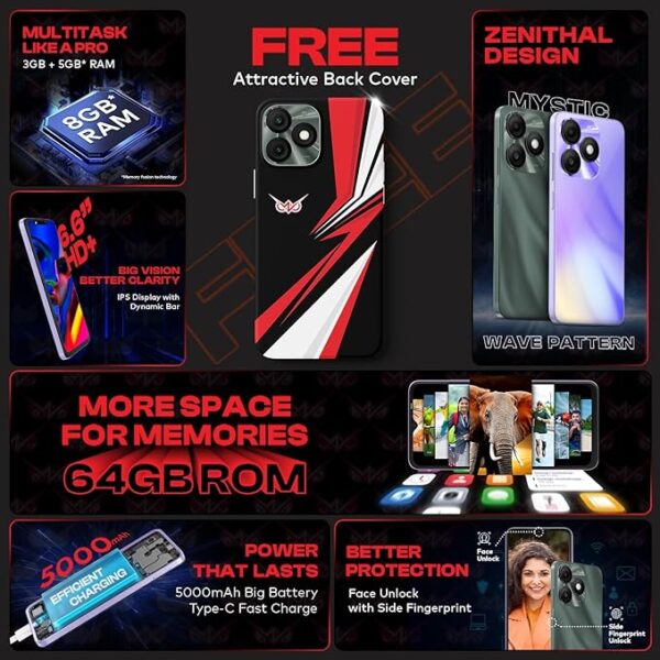 itel ZENO 10|6.6" HD+ Display with Dynamic Bar| 3GB RAM +64GB ROM, Upto 8GB RAM with Memory Fusion|Octacore Processor|8MP AI Dual Rear Cam|5000 mAh Battery| Opal Purple - Image 5