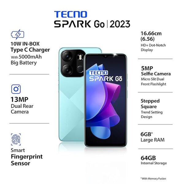 TECNO Spark Go 2023 (Uyuni Blue, 3GB RAM,64GB Storage) | 5000mAh Battery | 6.56" HD+ Display | 13MP Dual Rear Camera | Type C Port - Image 2