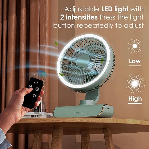 Gesto 8-Inch Rechargeable Table Fan With Remote & Oscillation – 4000mAh Battery, Mobile Stand,LED Light | 5-Speed USB Charging Portable Fan for Desk,Home, Office, Kitchen | High-Speed Cooling -Green - Image 4