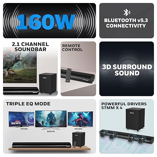 Honeywell Trueno U2000 160W Soundbar with Subwoofer, 2.1 Channel Home Theatre, 57mm*4 Drivers, Bluetooth V5.3, with Remote, 3 EQ Mode, BT, AUX, USB, Optical & HDMI-2 Years Warranty - Image 2