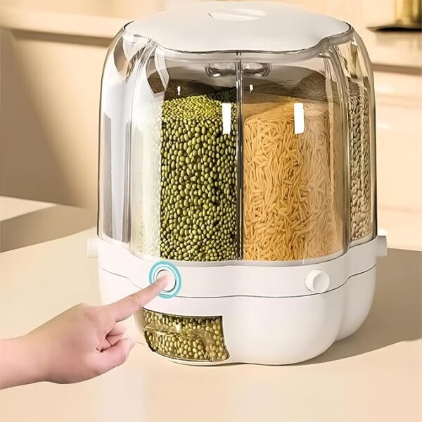 PRIME PICK Grocery Organiser 360° Rotating with 6 Grid Dispenser Measuring Cylinder with Lid Moisture Resistant, Cereal Holder Dispenser Sealed Storage for Kitchen Small Grains Beans Rice etc