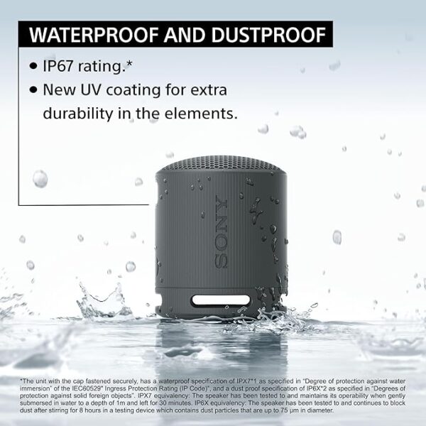 Sony SRS-XB100 Wireless Bluetooth Portable Lightweight Super-Compact Travel Speaker, Extra-Durable IP67 Waterproof & Dustproof, 16 Hrs Batt, Versatile Strap, Extra Bass & Hands-Free Calling-Black - Image 5
