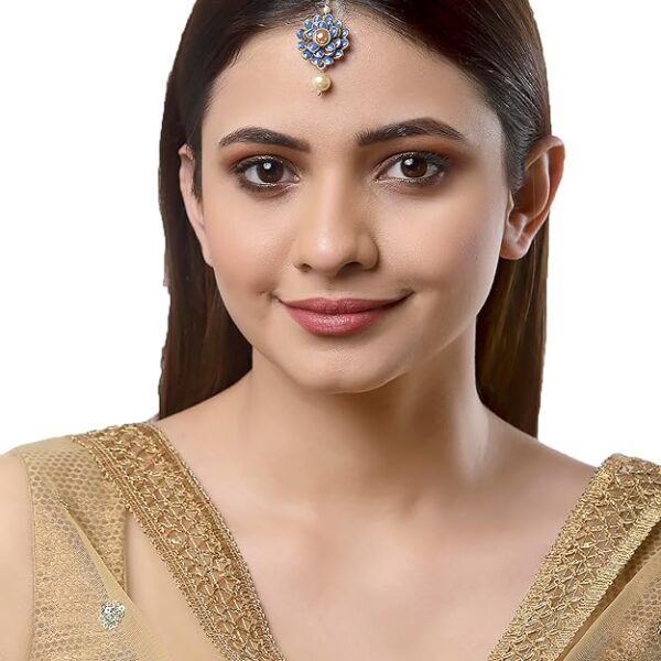 ZENEME Gold-Plated Pink-Green-Orange-Red-Blue AD with Pearls studded Flower Shaped MaangTikka (Combo Of 5) - Image 4
