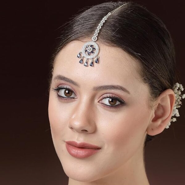 Zeneme Elegant Silver Plated Beautiful American Diamond & CZ Studded Crystal Maang Tikka for Women and Girls - Image 4