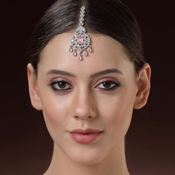 Zeneme Sparkling American Diamond Maang Tikka for Women | Elegant Floral Design Silver Plated Maang Tikka for Wedding - Traditional Head Jewellery for Women - Image 3