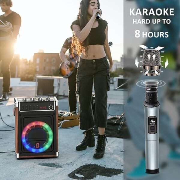 JYX Best Portable Karaoke Speakers with 2 UHF Wireless Microphones System, Bass/Treble Bluetooth Outdoor Sound Box with LED Light, Support TWS, AUX in, FM, REC, Supply for Party/Adults/Kids - Image 4