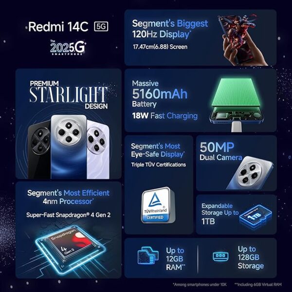 Redmi 14C 5G (Starlight Blue, 6GB RAM, 128GB Storage) | Superfast 4nm Snapdragon 4 Gen 2 | 120Hz 17.47cm (6.88”) Display | 5160mAh Battery | 50MP Dual Camera | Premium Starlight Design - Image 3