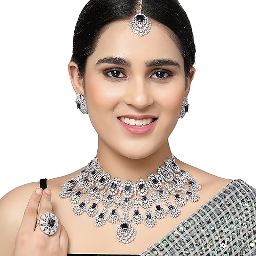 ZENEME Rhodium-Plated American Diamond Studded Tasselled Necklace With Earrings Ring & MaangTikka Jewellery Set For Girls and Women - Image 3