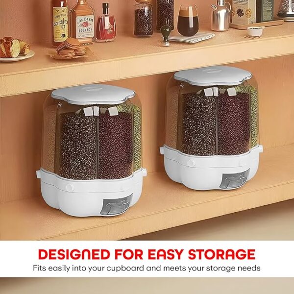 PRIME PICK Grocery Organiser 360° Rotating with 6 Grid Dispenser Measuring Cylinder with Lid Moisture Resistant, Cereal Holder Dispenser Sealed Storage for Kitchen Small Grains Beans Rice etc - Image 3