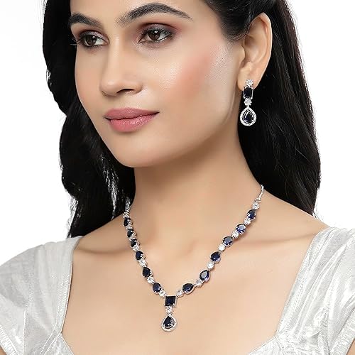 ZENEME Rhodium-Plated American Diamond Studded Fashionable Necklace With Earrings Jewellery Set For Girls and Women - Image 4