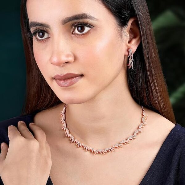 Peora Rose Gold Plated Cubic Zirconia Studded Necklace Drop Earrings Jewellery Set Gift for Women Girls - Image 3