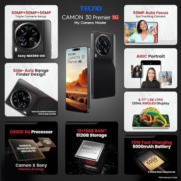 TECNO CAMON 30 Premier 5G (Lava Black, 12GB+512GB) | 50 MP Camera | 6.77" LTPO AMOLED Display | MediaTek Dimensity 8200 | 5000mAh Battary + 70W Charger| PolarAce Image Processor - Image 2