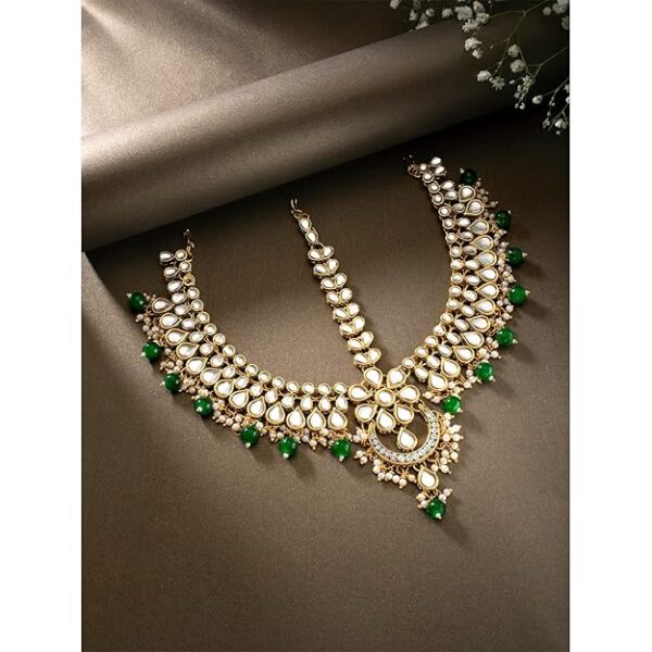 Peora Gold Plated Kundan Pearl Maang Tikka Matha Patti Jewellery for Women Girls - Image 3