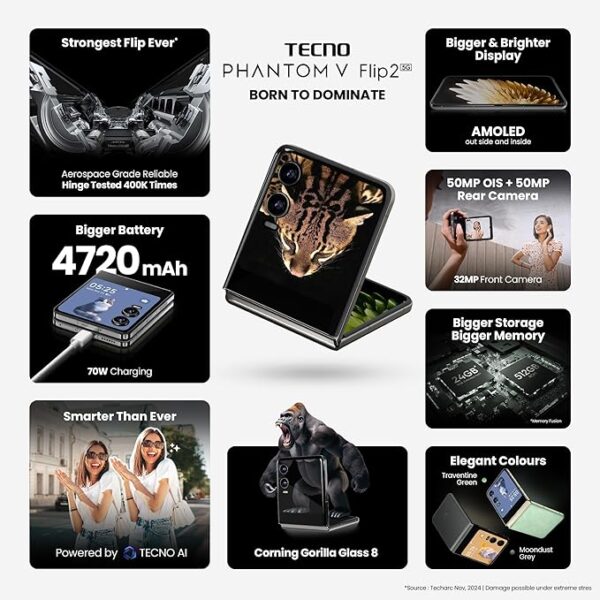 TECNO Phantom V Flip 2 (Moondust Grey, 8GB+256GB) | Strongest Flip Ever | 4720mAh with 70W Charger | Advance AI Features | 50MP OIS+50MP Camera | 6.9" 120Hz AMOLED Main & 3.64" AMOLED Cover Screen - Image 3