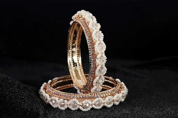 NMII Premium Alloy Metal Bangles For Women and Girls Studded American Diamond Stone & Pearls Moti | Women's Bangles Bracelet | Metal bangles | Gold Plated | Stone Bangles Kada Set of 2 - Image 3