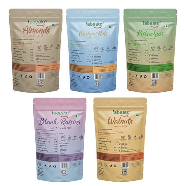 Fabeato Dry Fruits & Nuts Combo (200g x 5) Almonds,Cashews,Pistachios,Walnut Kernels,Seedless Black Raisins