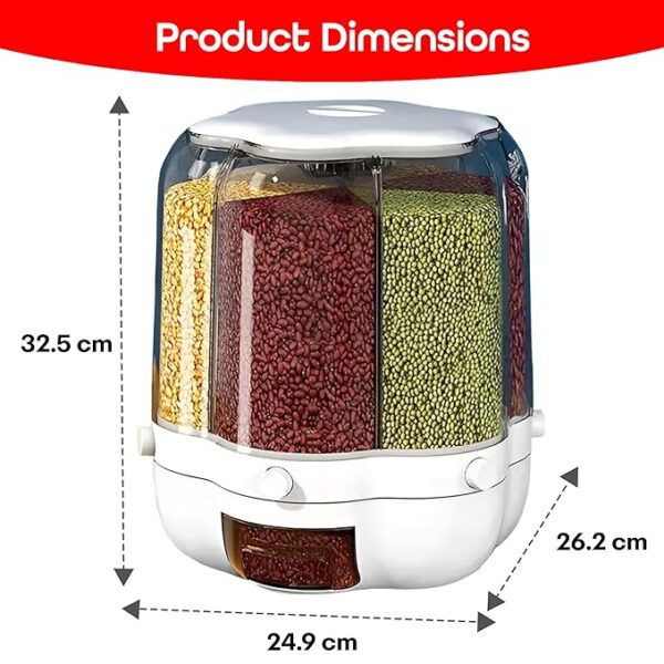 PRIME PICK Grocery Organiser 360° Rotating with 6 Grid Dispenser Measuring Cylinder with Lid Moisture Resistant, Cereal Holder Dispenser Sealed Storage for Kitchen Small Grains Beans Rice etc - Image 5